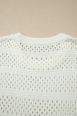 White Plus Size Eyelet Hollow Out Knit Ribbed Trim Short Sleeve Dolman Sweater