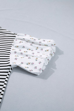 Black Stripe Plus Size Striped Short Sleeve Top with Floral Puff Sleeves