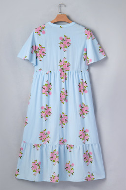 Sky Blue Plus Size Floral Print Scalloped Trim V-Neck Dress