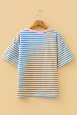 Sky Blue Stripe Sequin Strawberry Contrast Trim Round Neck Tee