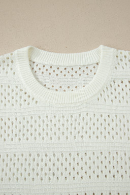 White Plus Size Eyelet Hollow Out Knit Ribbed Trim Short Sleeve Dolman Sweater