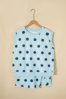 Sky Blue Ribbed Trim Polka Dot Print Tank Split Mini Skort 2pcs Set