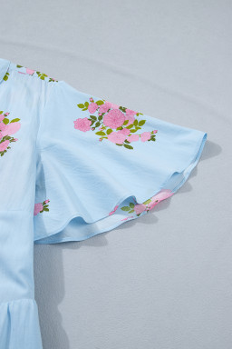 Sky Blue Plus Size Floral Print Scalloped Trim V-Neck Dress