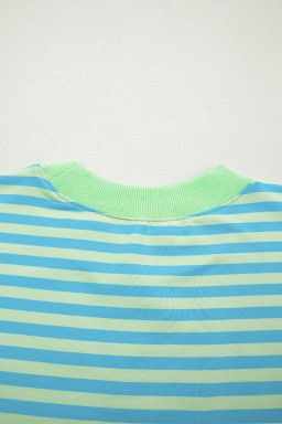 Green Stripe Color Block Detail Long Sleeve Pullover Elastic Waist Pull On Shorts 2pcs Set