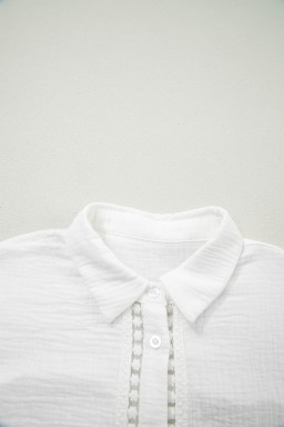 White Lace Trim Cuffed Short Sleeve Textured Shirt