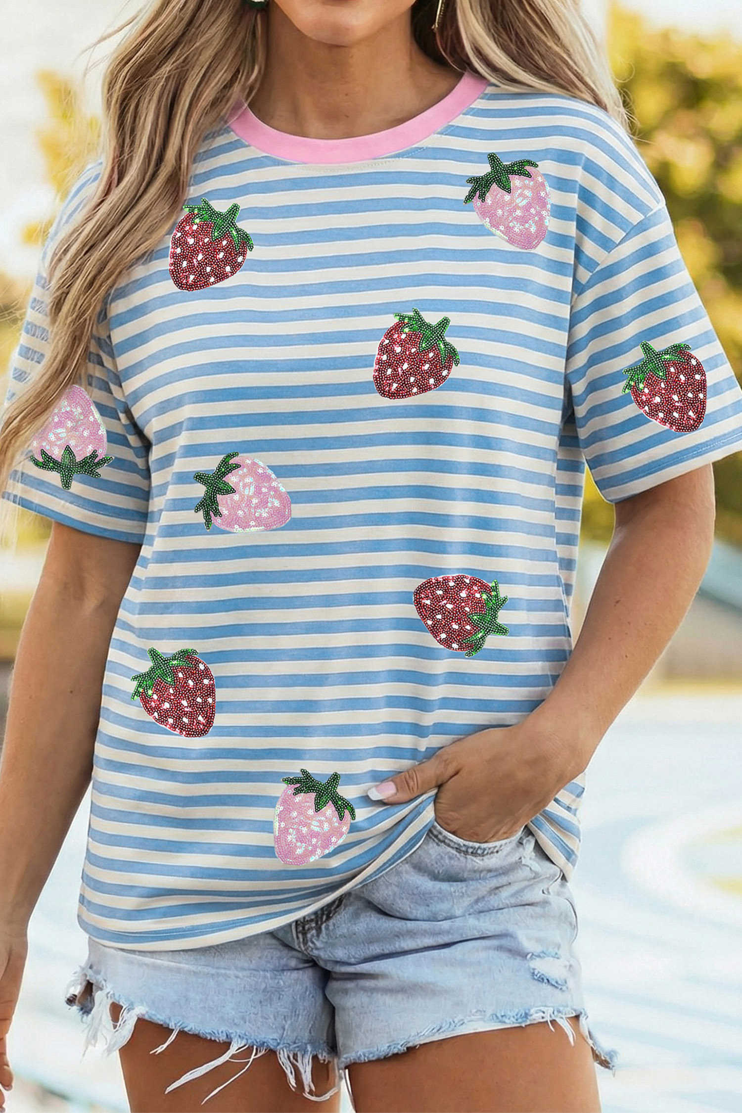 Sky Blue Stripe Sequin Strawberry Contrast Trim Round Neck Tee