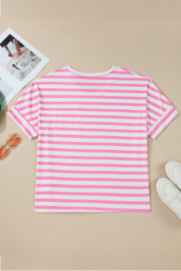 Pink Stripe Colorblock Patched Pocket V Neck Plus Size Tee