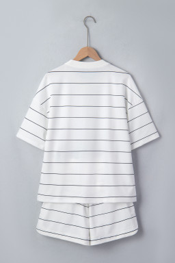 White Stripe Half Sleeve Tee Drawstring Shorts 2pcs Set