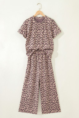 Pink Leopard Print Casual Tee and Pants 2pcs Outfit