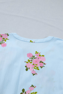 Sky Blue Plus Size Floral Print Scalloped Trim V-Neck Dress