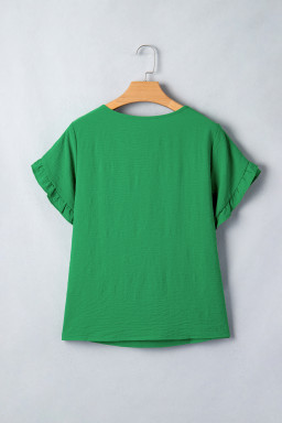 Sea Green Solid Color Ruffle Trim Short Sleeve Blouse