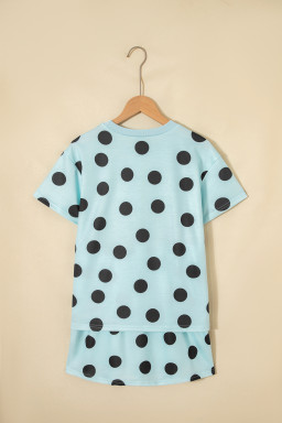 Sky Blue Polka Dot Short Sleeve Top Casual Skort 2pcs Outfit