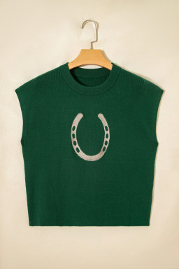 Blackish Green Horseshoe Graphic Western Short Sleeve Sweater