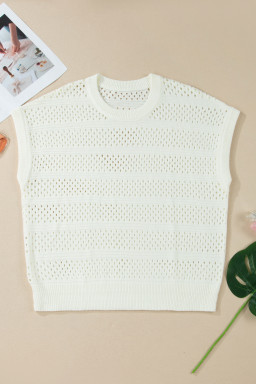 White Plus Size Eyelet Hollow Out Knit Ribbed Trim Short Sleeve Dolman Sweater