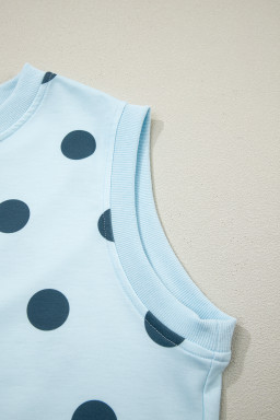 Sky Blue Ribbed Trim Polka Dot Print Tank Split Mini Skort 2pcs Set