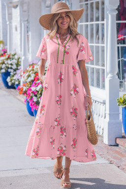 Pink Notched Neck Flutter Short Sleeve Floral Print Maxi Dress