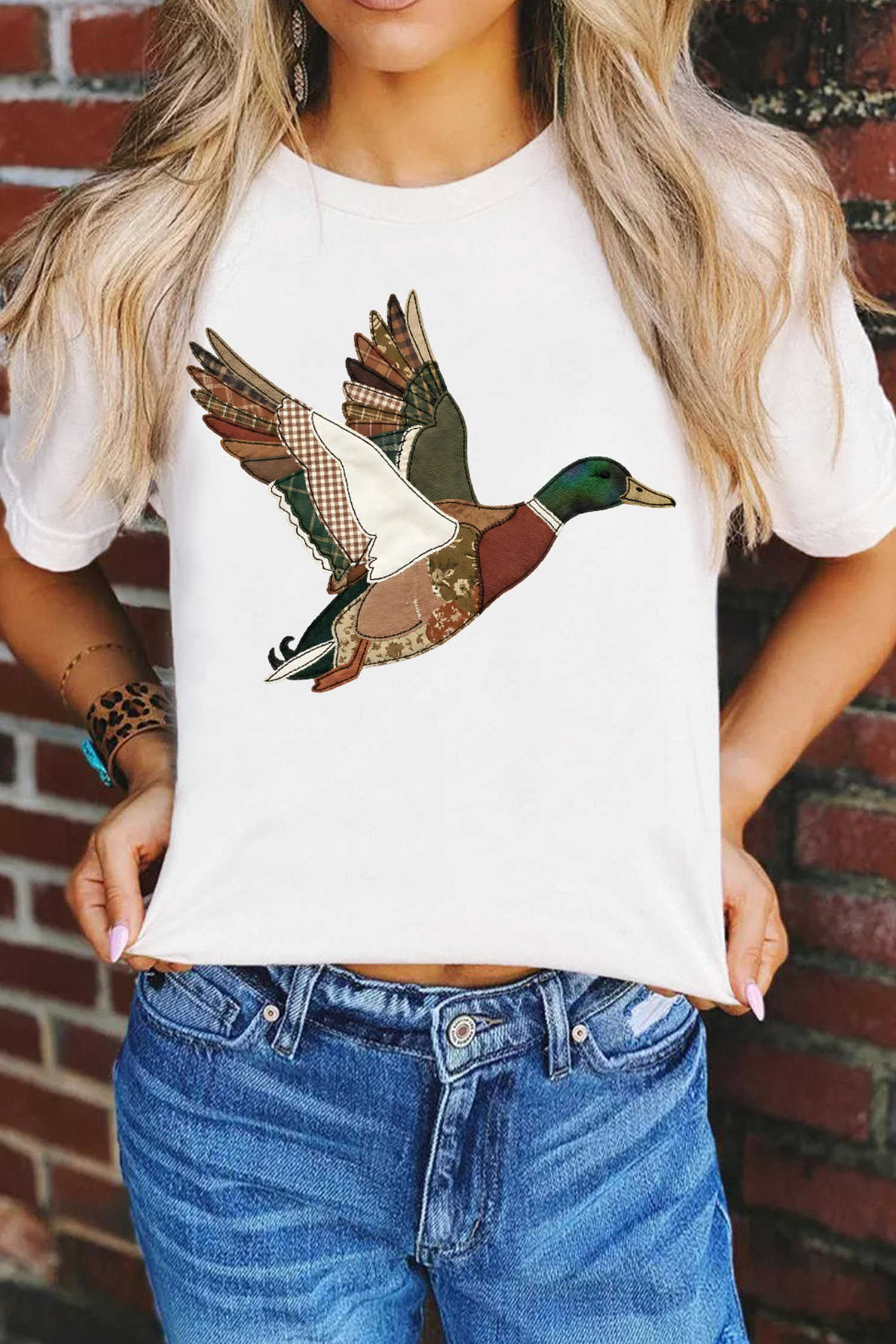 White Flying Mallard Faux Patchwork Printed T Shirt
