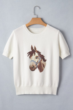 White Wild West Horse Head Printed Short Sleeve Sweater