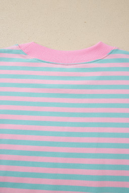 Pink Stripe Color Block Detail Long Sleeve Pullover Elastic Waist Pull On Shorts 2pcs Set