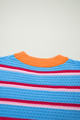 Sky Blue Stripe Colorblock Trim Half Sleeve Sweater Top