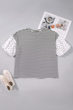 Black Stripe Plus Size Striped Short Sleeve Top with Floral Puff Sleeves