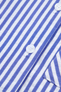 Sky Blue Stripe Lily Floral Embroidered Puff Sleeve Button Down Shirt