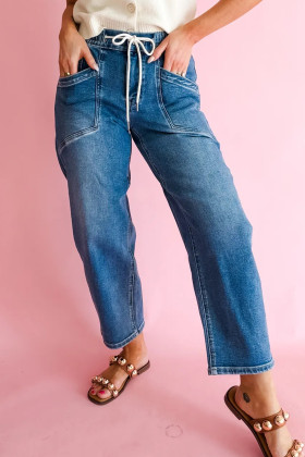 Ashleigh Blue Unique Pockets Drawstring Barrel Jeans
