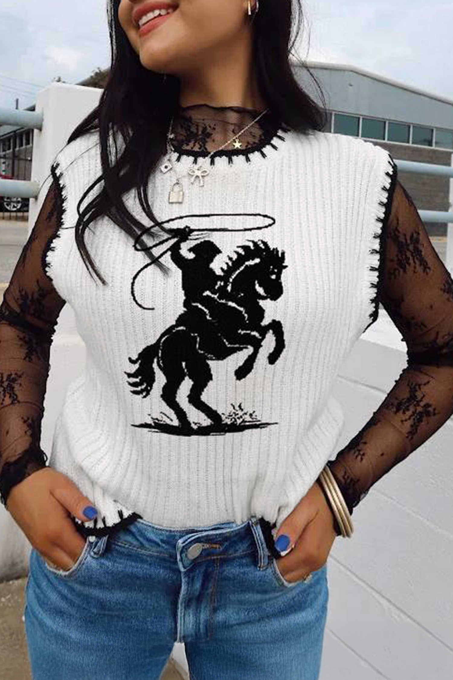 White Contrast Trim Round Neck Rodeo Cowboy Sweater Vest
