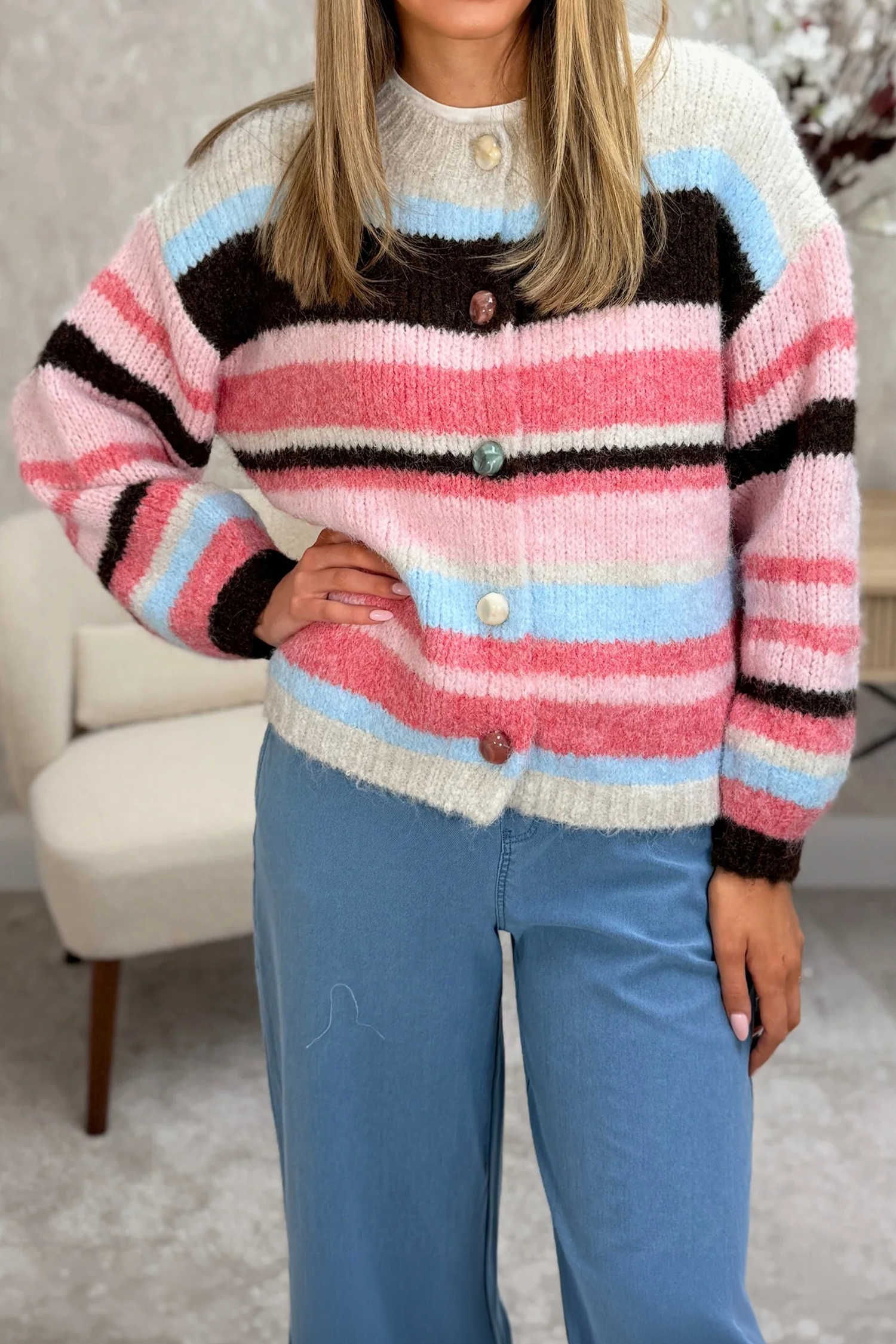 Pink Stripe Dropped Shoulder Knit Button Down Sweater Cardigan