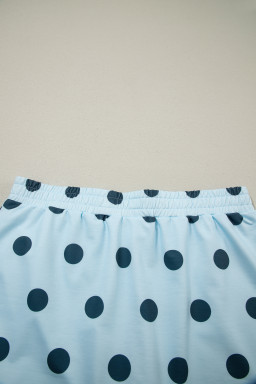 Sky Blue Ribbed Trim Polka Dot Print Tank Split Mini Skort 2pcs Set
