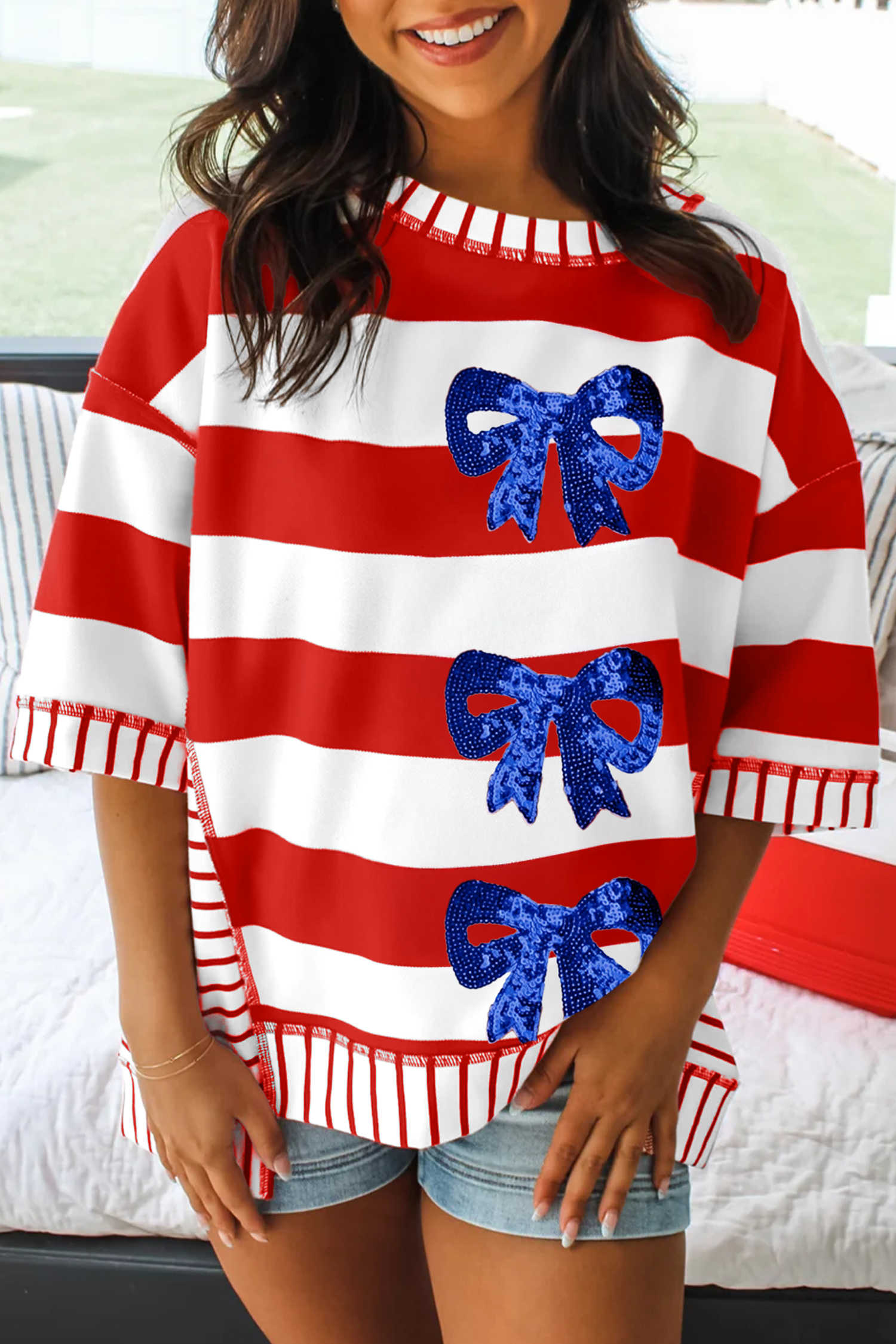 Red Stripe Sequin Bow Patriotic Half Sleeve Top