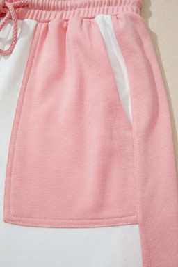 White Two-tone Color Block Patchwork Tee Drawstring Loose Pant Set