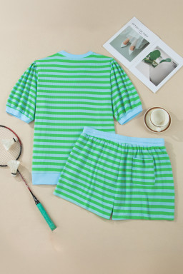 Green Stripe Plus Size Colorblock Detail Puff Sleeve Top Drawstring Shorts 2pcs Outfit