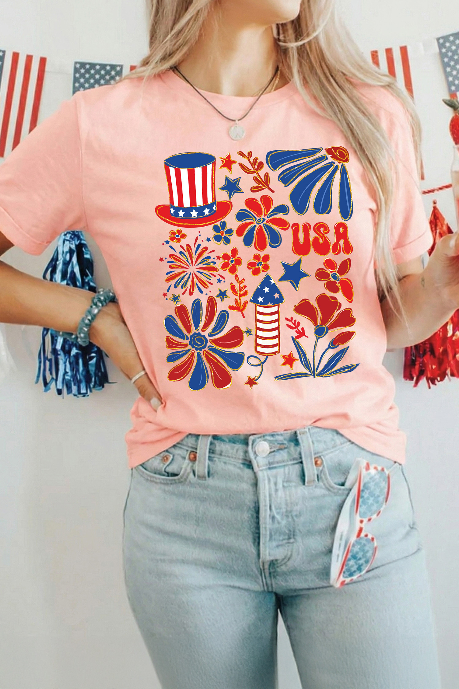 Pink USA Independent Day Celebration Graphic Tee