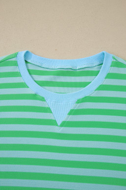 Green Stripe Plus Size Colorblock Detail Puff Sleeve Top Drawstring Shorts 2pcs Outfit