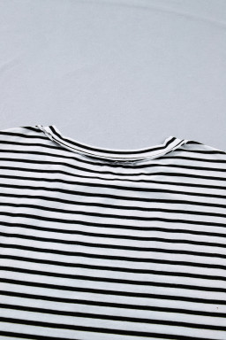 Black Stripe Plus Size Striped Short Sleeve Top with Floral Puff Sleeves
