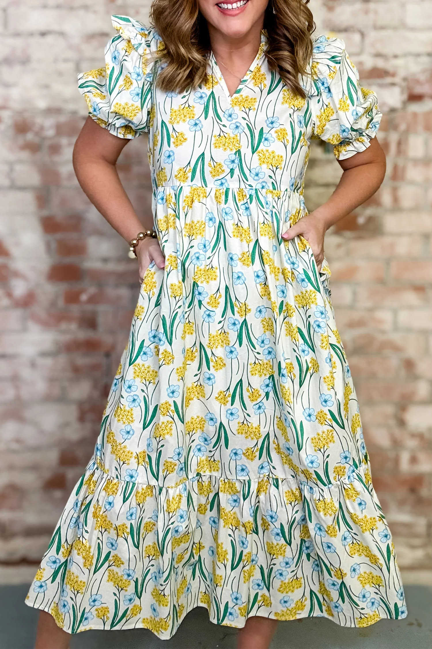 Yellow Floral Print V Neck Ruffle Hem Maxi Dress