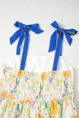 Yellow Floral Print Contrast Stitched Knot Denim Straps High Waist Dress