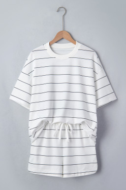 White Stripe Half Sleeve Tee Drawstring Shorts 2pcs Set