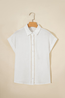 White Lace Trim Cuffed Short Sleeve Textured Shirt
