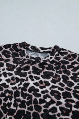 Khaki Leopard Print Sheer Mesh Short Sleeve Top