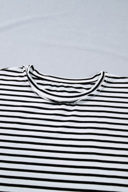 Black Stripe Plus Size Striped Short Sleeve Top with Floral Puff Sleeves