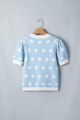 Light Blue Polka Dot Puff Short Sleeve Sweater Top