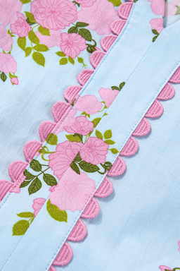Sky Blue Plus Size Floral Print Scalloped Trim V-Neck Dress