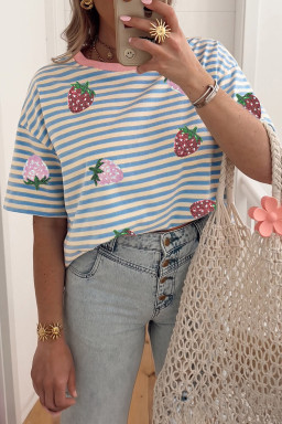 Sky Blue Stripe Sequin Strawberry Contrast Trim Round Neck Tee