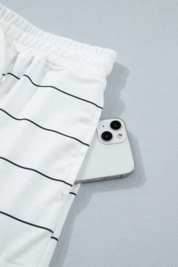 White Stripe Half Sleeve Tee Drawstring Shorts 2pcs Set