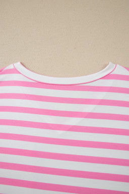 Pink Stripe Colorblock Patched Pocket V Neck Plus Size Tee