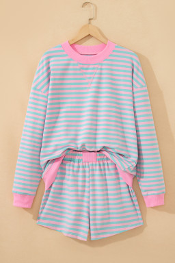 Pink Stripe Color Block Detail Long Sleeve Pullover Elastic Waist Pull On Shorts 2pcs Set