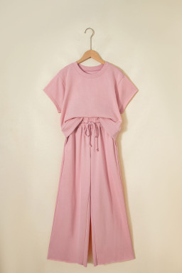Light Pink Solid Color Loose Tee Drawstring Wide Leg Pants 2pcs Outfit