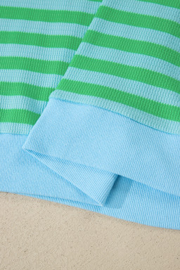 Green Stripe Plus Size Colorblock Detail Puff Sleeve Top Drawstring Shorts 2pcs Outfit